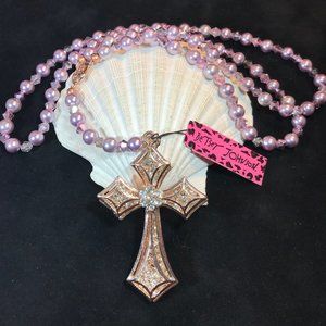 Betsey Johnson Rose Gold & Rhinestone Crucifix, Purple Pearl Bead Fashion Rosary